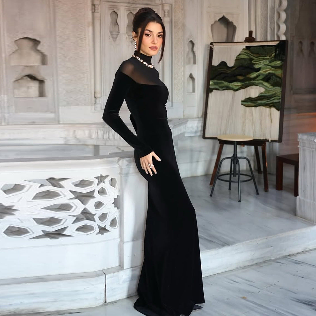 SXR autumn and winter turtleneck long sleeve pure color slimming dress