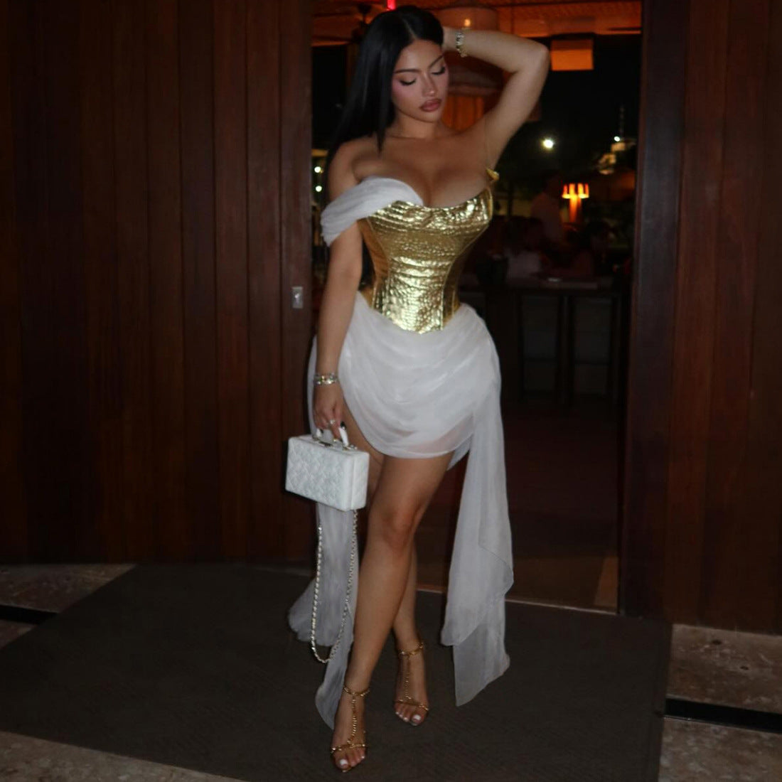 DLS Spring Golden bright surface mesh stitching ribbon sexy dress