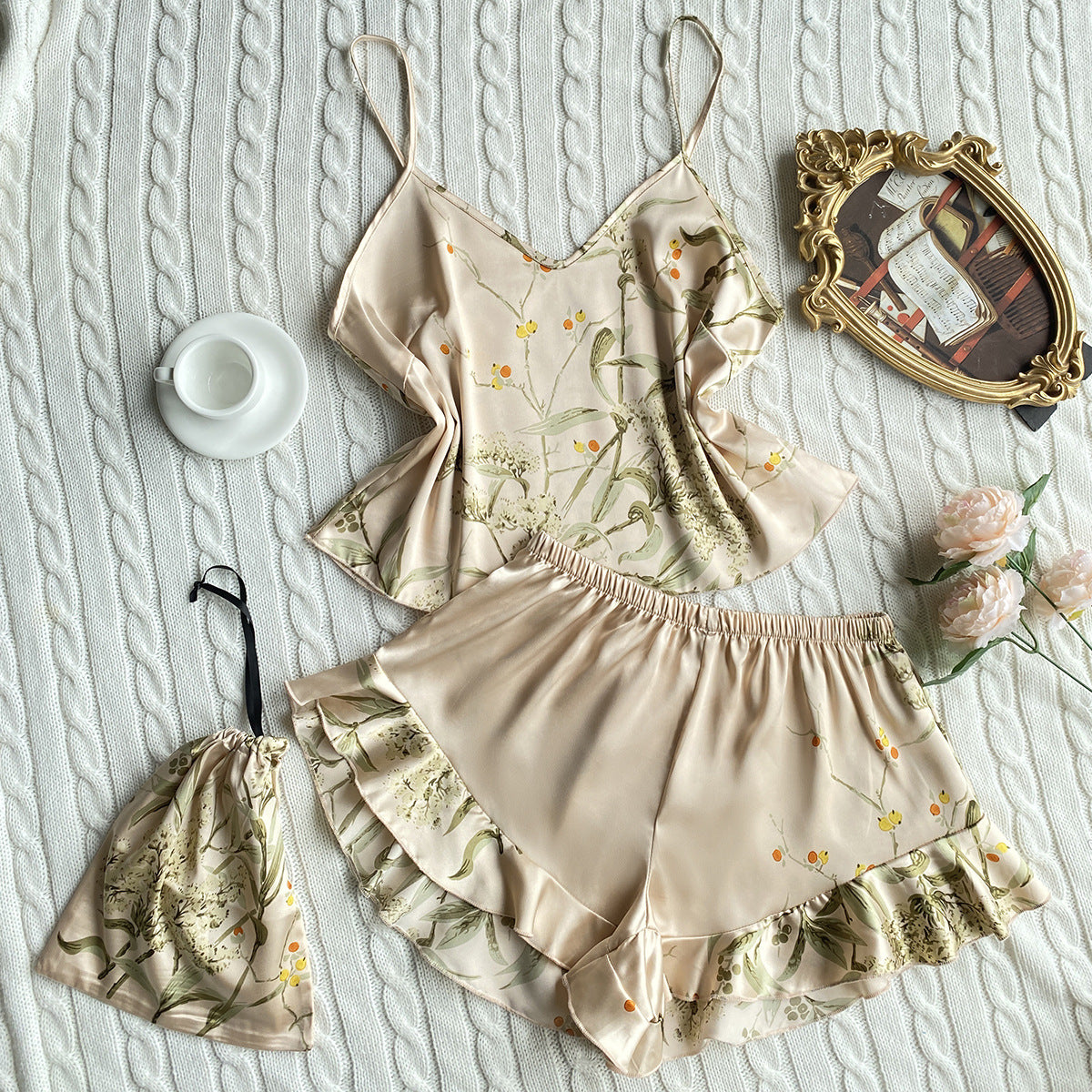 DNL spring imitated silk pajamas two-piece printed shorts suit suspender skirt