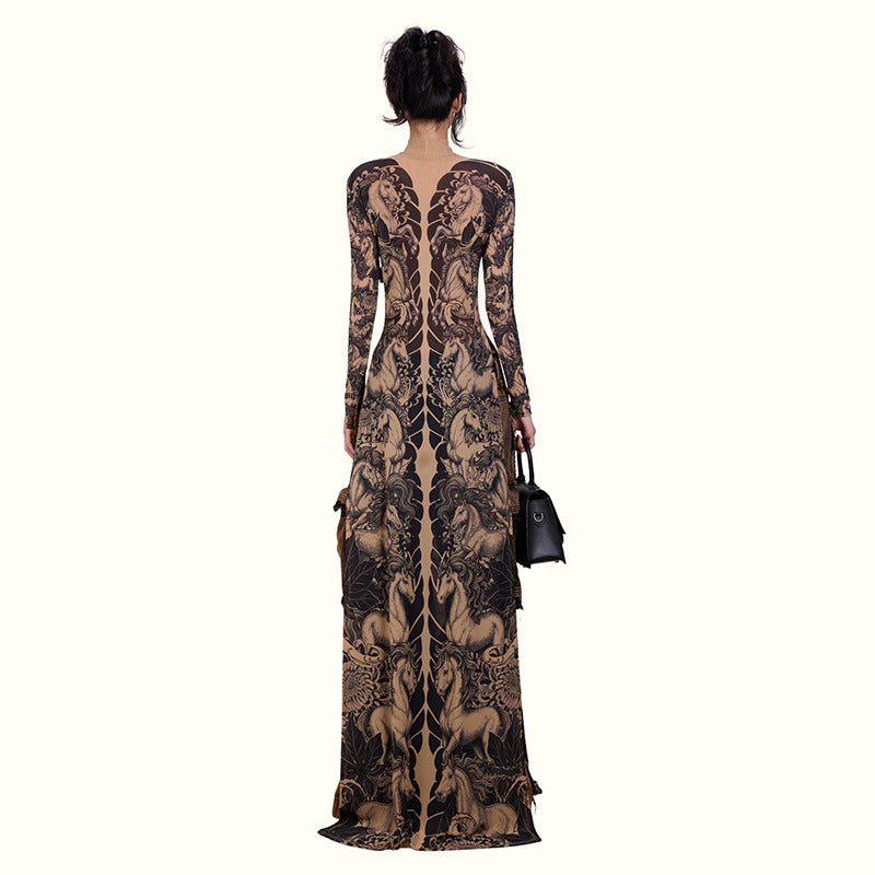 DLS Spring animal print long sleeve half turtleneck slim-fit slimming long top