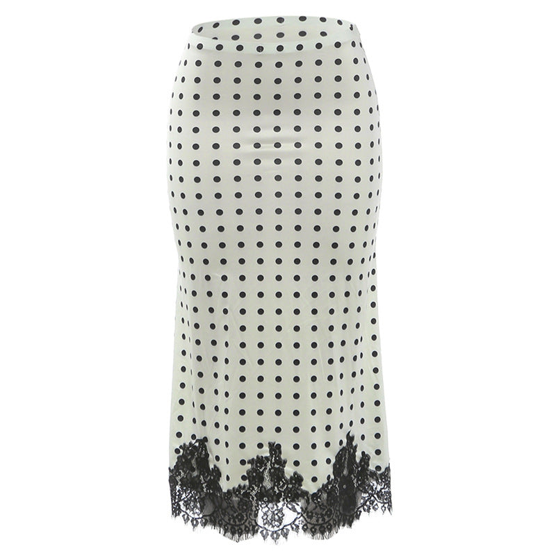 DLS 2026 Summer versatile polka dot printed lace stitching midi skirt