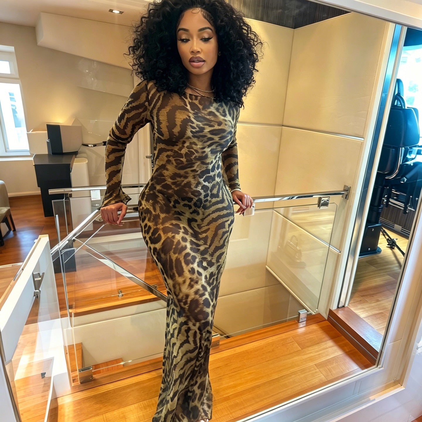 DLS summer long-sleeve round neck leopard print printed sexy sheath dress