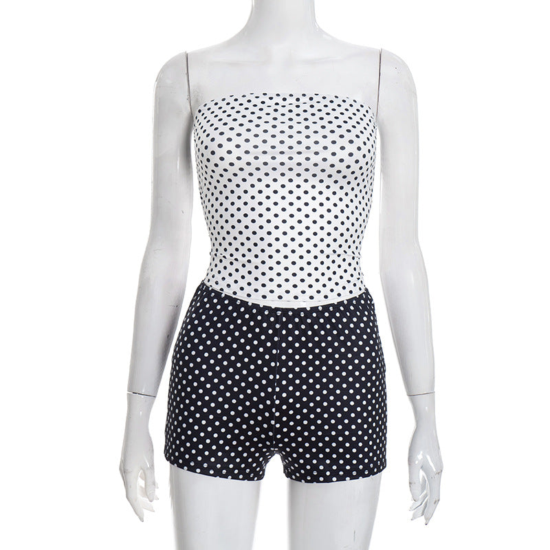 DZHT D25ST563 polka dot print contrast color tube top shorts two-piece suit