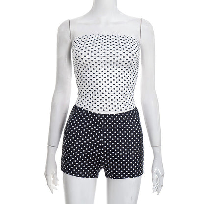 DZHT D25ST563 polka dot print contrast color tube top shorts two-piece suit