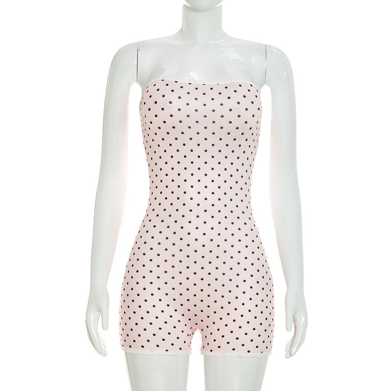 DZHT D26RP192 polka dot print contrast color tube top tight one-piece shorts