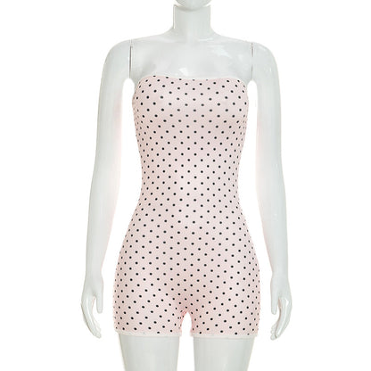 DZHT D26RP192 polka dot print contrast color tube top tight one-piece shorts