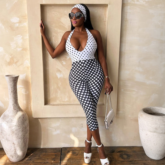 DZHT J26JP055 minimalist creative tight black and white polka dot jumpsuit