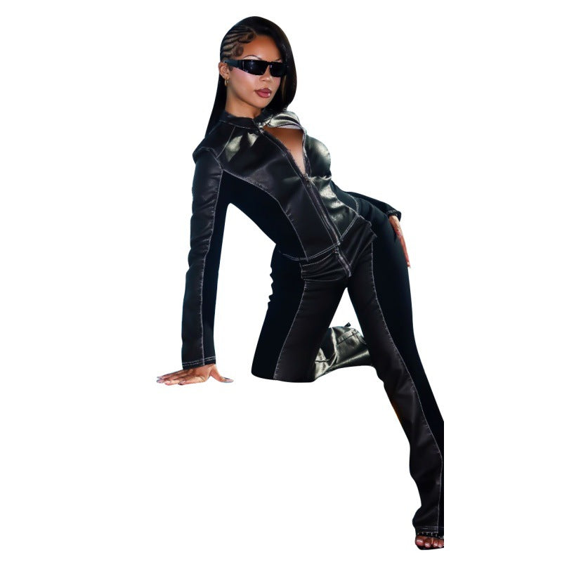 MZ (S-2XL) trousers MZ88666 long sleeve PU trousers stretch suit