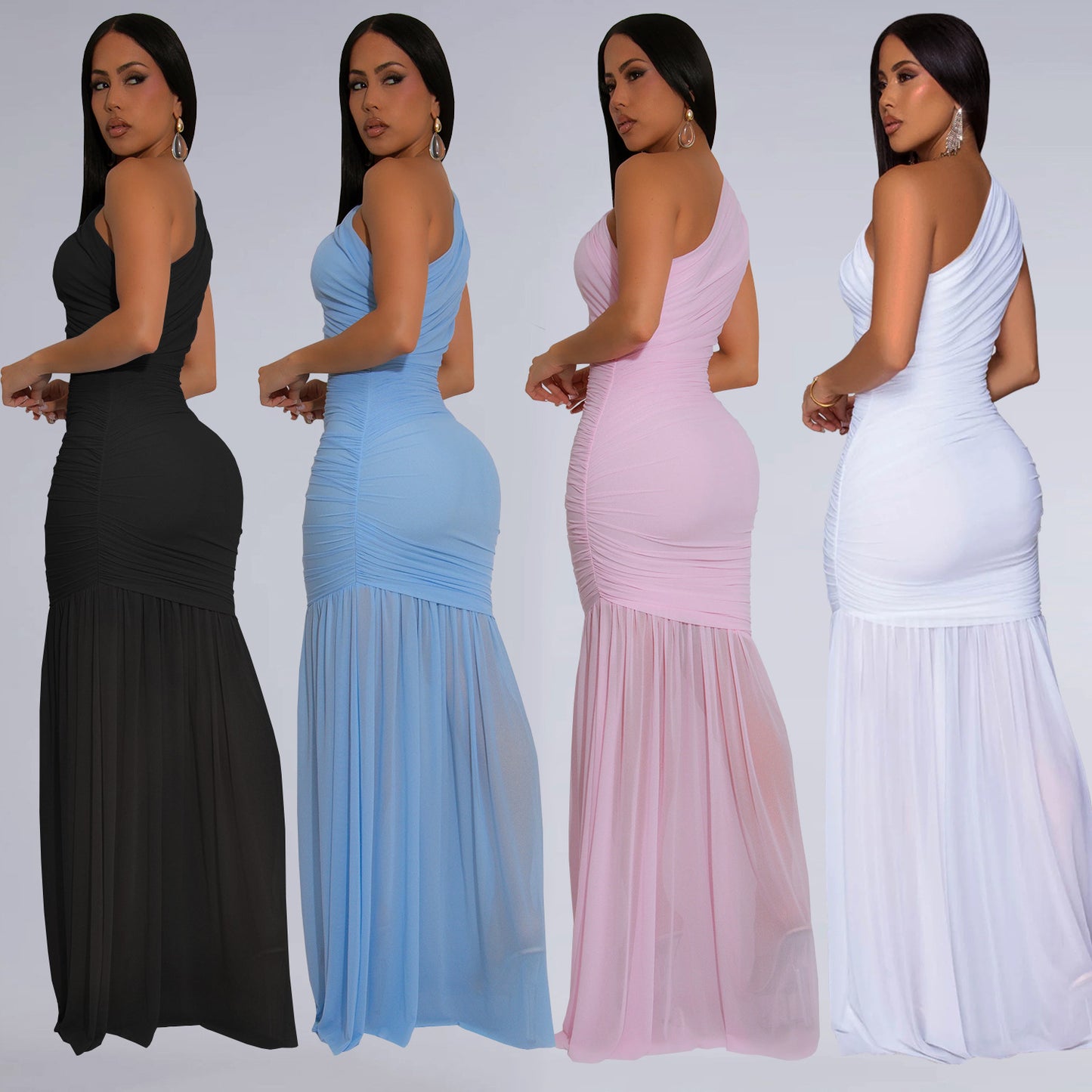 XYZ C7370 slant shoulder see-through dress