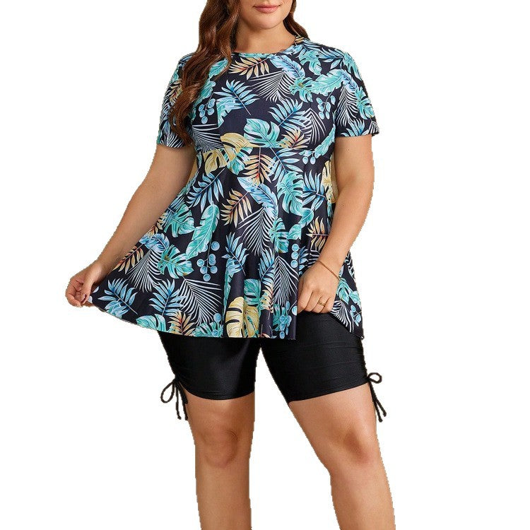 CL (L-4XL) digital printing plus size swimsuit short sleeve ruffled split slim look swimsuit
