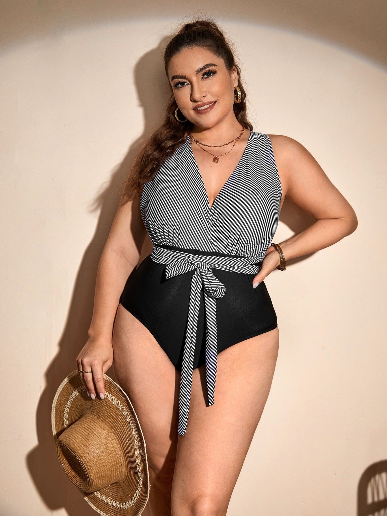 LF (L-4XL) bikini sexy suit one-piece black striped plus size swimsuit