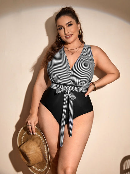 LF (L-4XL) bikini sexy suit one-piece black striped plus size swimsuit