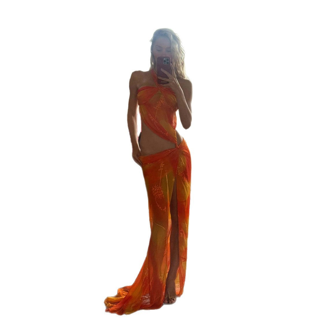 DLS Spring sling personality stitching mesh see-through sexy slit dress