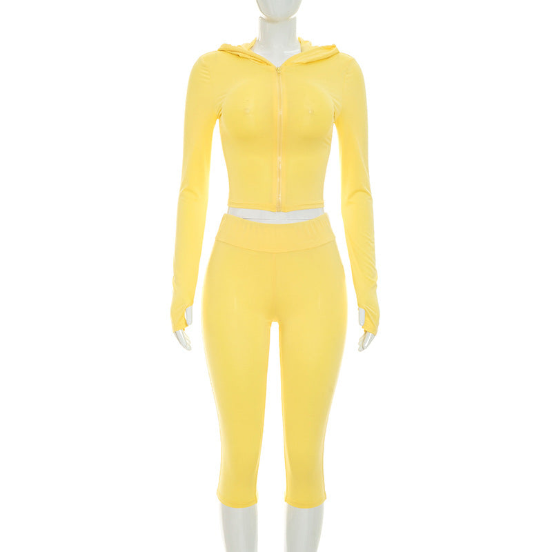 DZHT D26ST229 hooded long sleeve finger fit design zipper top tight pleated cropped pants two-piece suit