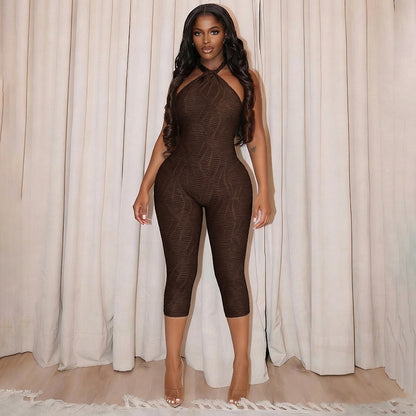 DZHT J26JP089 solid color turtleneck backless cropped tight jumpsuit