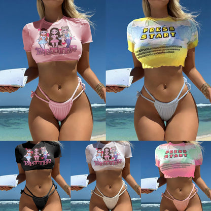 (4 days ready to ship) SY portrait printing drawstring strap three piece swimsuit bikini 9128