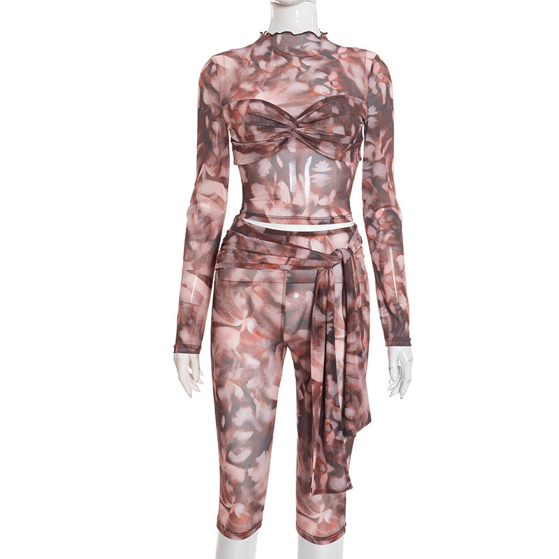 DZHT J25ST454 printed pleating long sleeve waist belt cropped pants suit