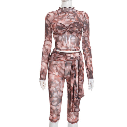 DZHT J25ST454 printed pleating long sleeve waist belt cropped pants suit