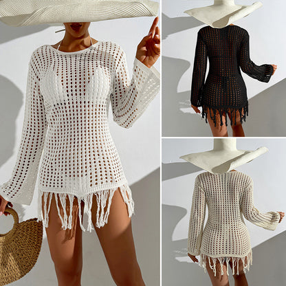 CYB beach cover-up knitted dress long sleeve all-match sun protection tassel dress