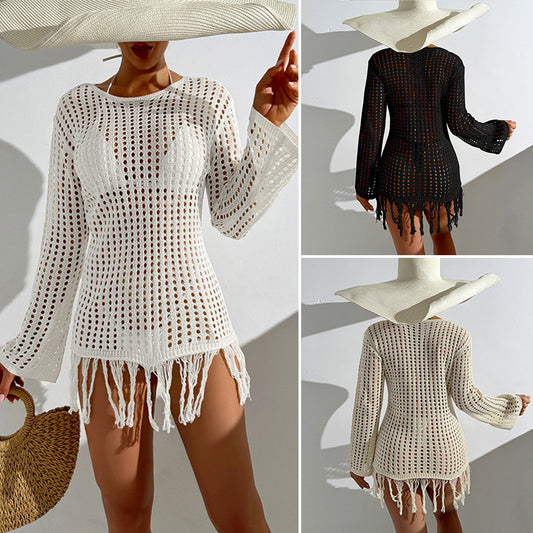 CYB beach cover-up knitted dress long sleeve all-match sun protection tassel dress