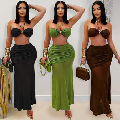 XYZ C7456 tube top arm covering pleated mesh long dress