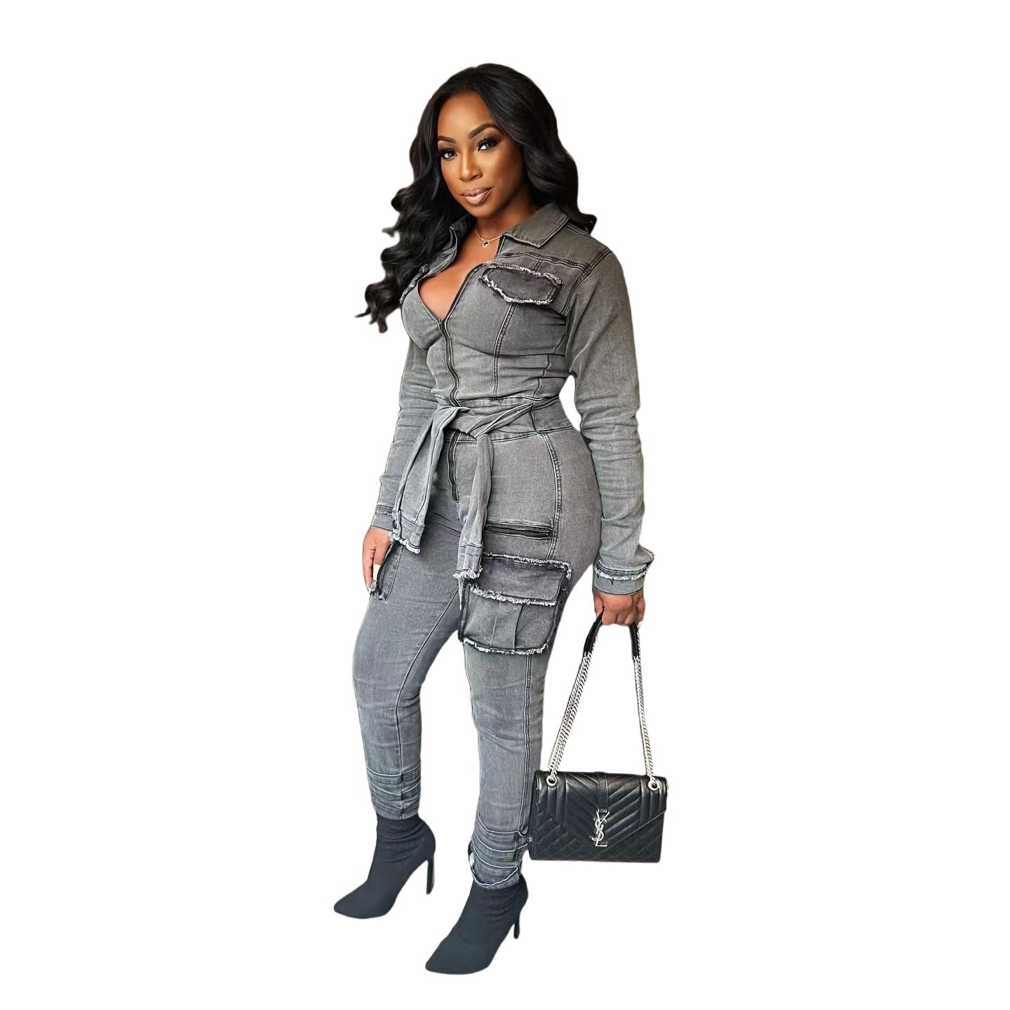MZ (S-2XL) Denim lace-up MZ88601 women's stretch slim belt jumpsuit