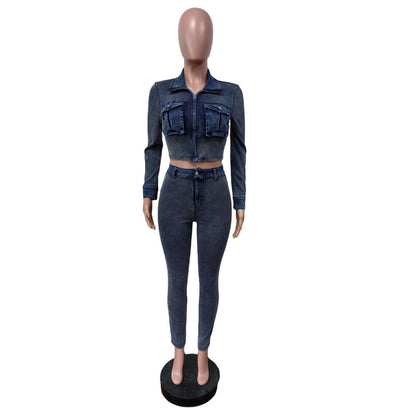 MZ (S-2XL) denim stitching washed MZ88648 elastic denim suit