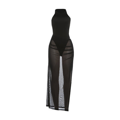 DLS round neck sleeveless leotard see-through sheath split skirt suit