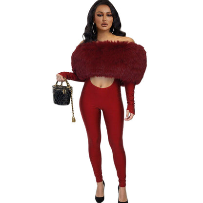 SXR autumn and winter off-shoulder furry stitching midriff-baring long sleeve jumpsuit