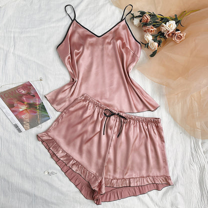 DNL spring artificial silk Women's pajamas large size suit V-neck sling vest sleeveless shorts Ice Silk