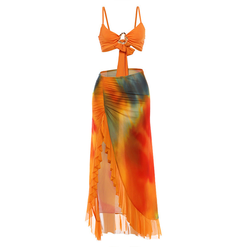 SXR spring vacation sexy halter wrapped chest split ruffled long skirt suit