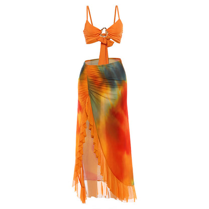 SXR spring vacation sexy halter wrapped chest split ruffled long skirt suit