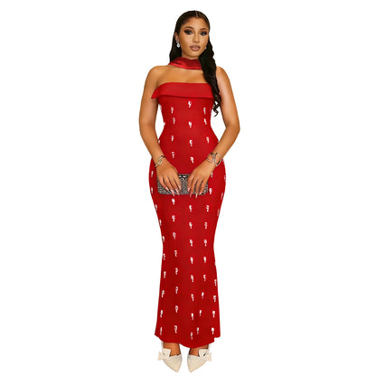 XYZ C7626 elegant tube top rhinestone ribbon dress suit