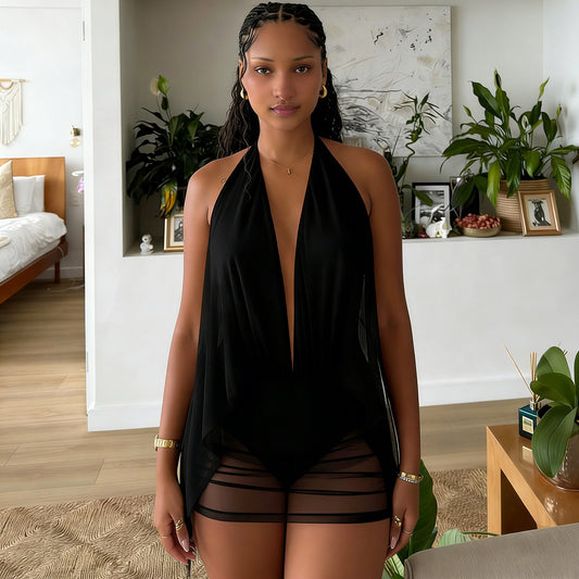 SXR 2026 spring sexy deep V halter backless hip-wrapped short mesh dress