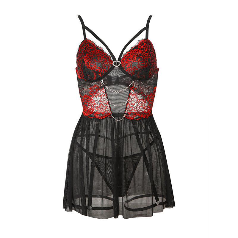 Mesh stitching lace metal chain love sling sexy suit two-piece set 2001
