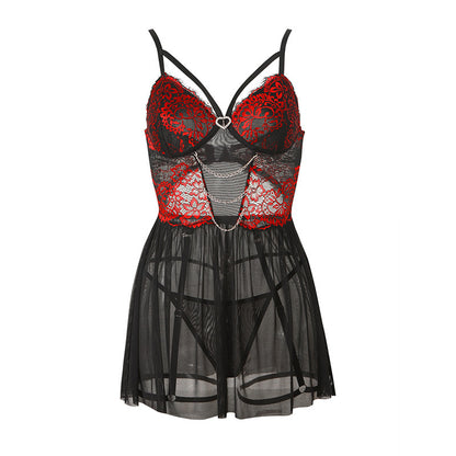 Mesh stitching lace metal chain love sling sexy suit two-piece set 2001
