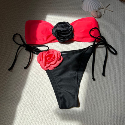 (4 days ready to ship) SY color matching rose tube top lace-up drawstring strap split swimsuit bikini 9149