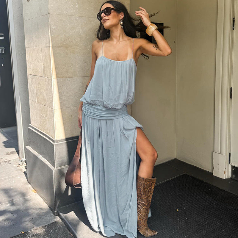 SXR spring sexy split waist fitted mesh solid color suspender dress