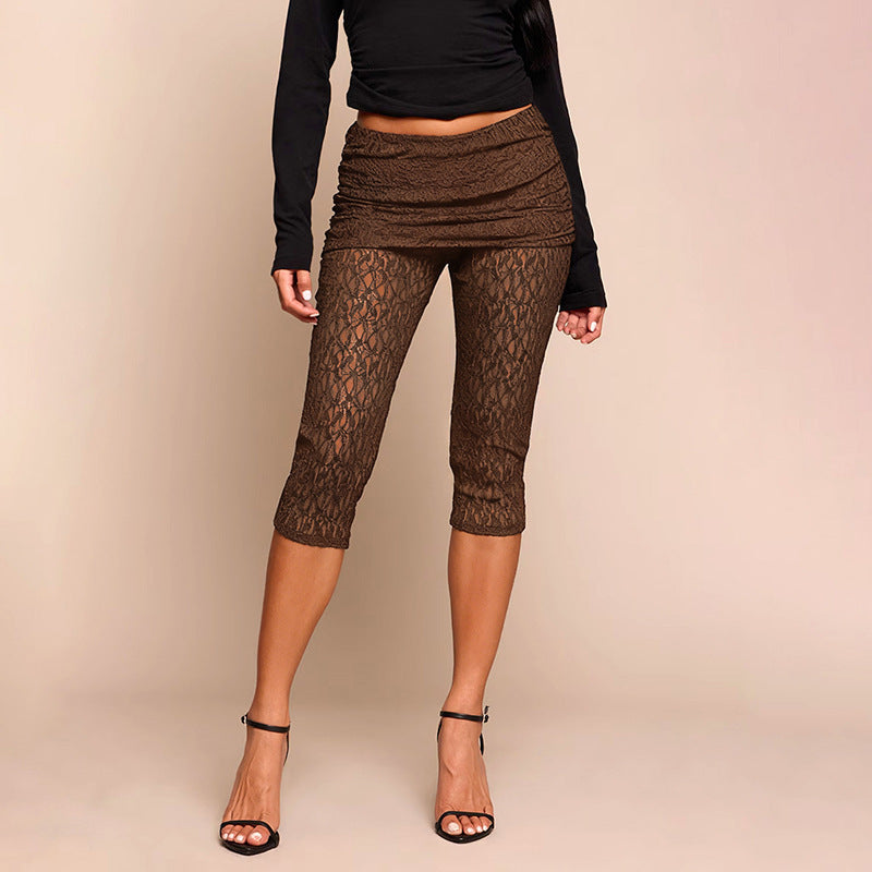 DZHT D26PT007 slim-fit slimming lace flip waist folding tight cropped pants