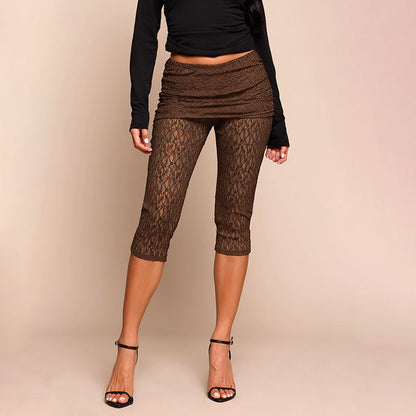 DZHT D26PT007 slim-fit slimming lace flip waist folding tight cropped pants