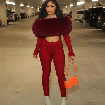 SXR autumn and winter off-shoulder furry stitching midriff-baring long sleeve jumpsuit