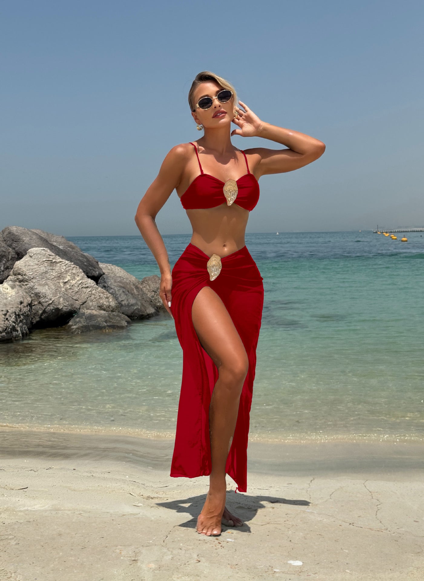 (4 days ready to ship) SY metal Haitao buckle three-piece set tee dress bikini