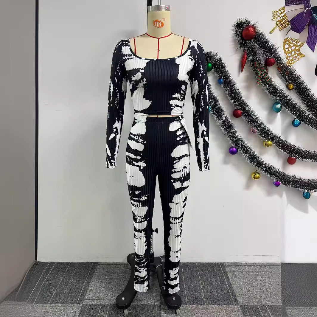 GY (S-3XL) K3152 printed slim fit sunken stripe two-piece set