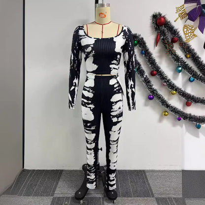 GY (S-3XL) K3152 printed slim fit sunken stripe two-piece set