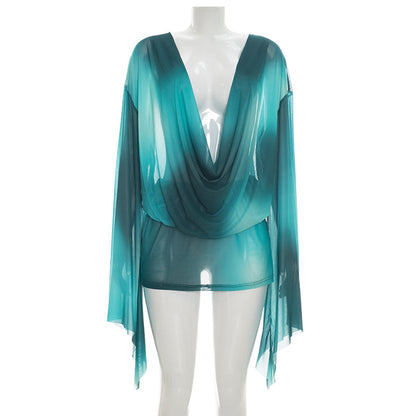 DZHT J26DS159 mesh see-through printed swing collar wide hem long sleeve dress