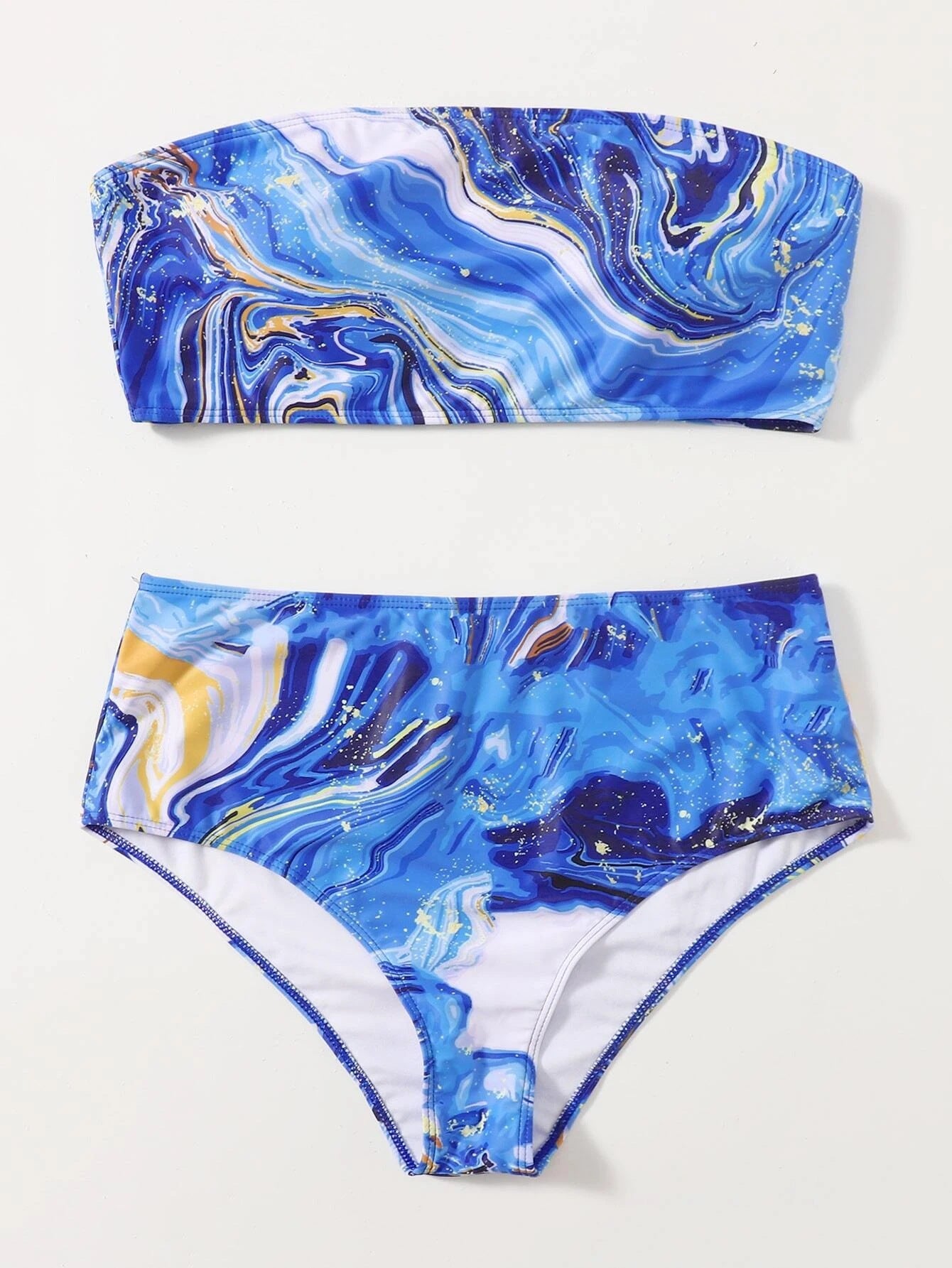 LF (L-4XL) women's split color printing swimsuit plus size