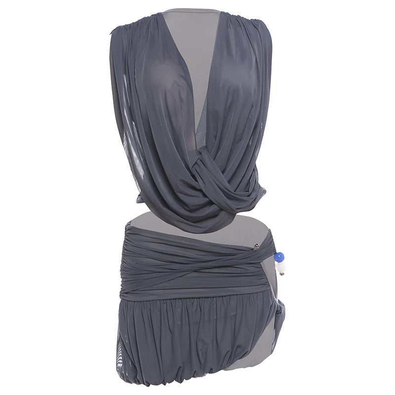 SXR K6S09819A summer pleated V-neck top split skirt outfit