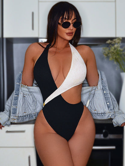 XM white and black contrast color hollow strap one-piece swimsuit G186WY