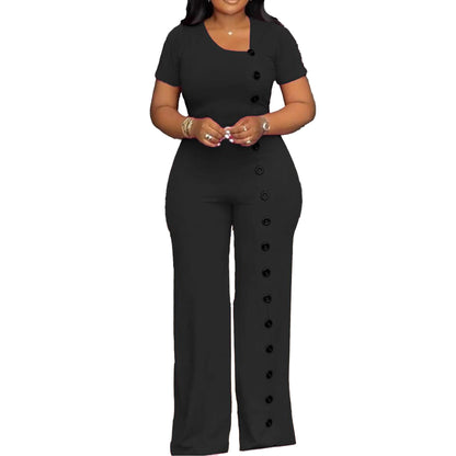 GY (S-3XL) S10893 irregular neckline tight waist wide leg breasted jumpsuit