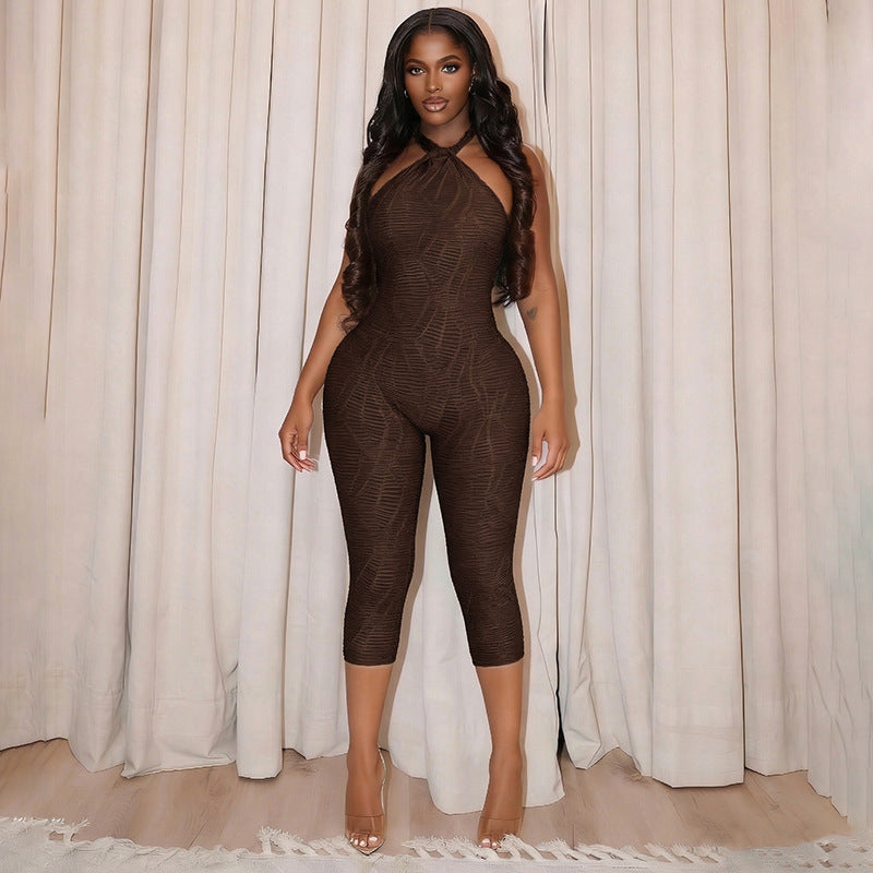 DZHT J26JP089 solid color turtleneck backless cropped tight jumpsuit